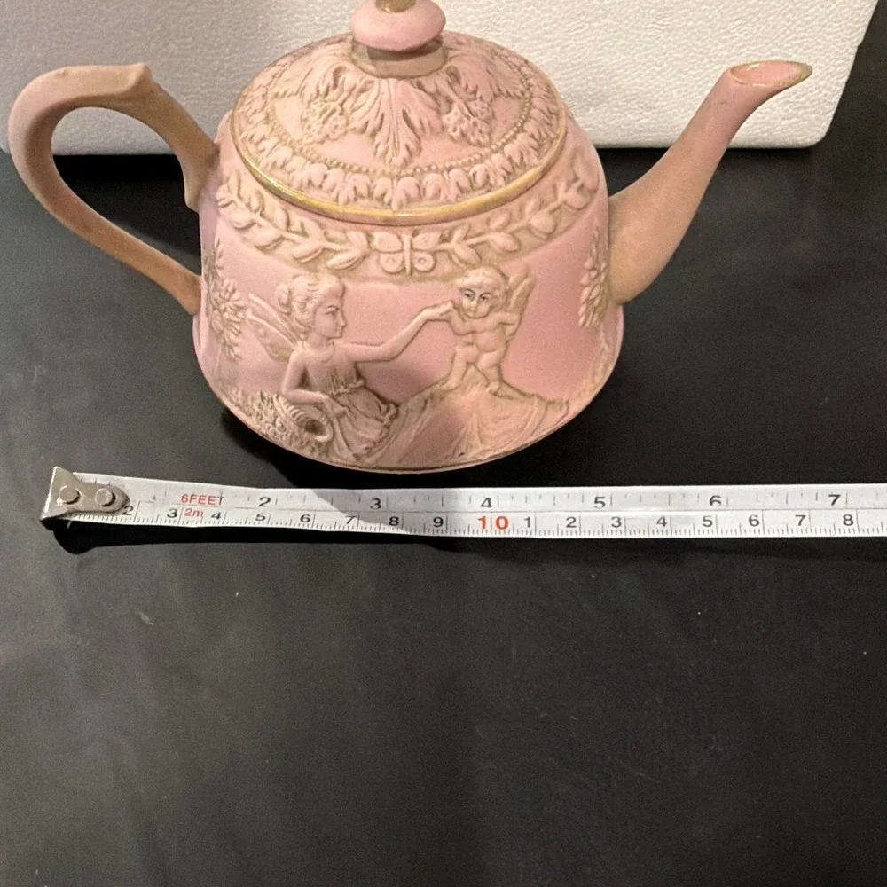 Antique Schafer‎ & Vater Pink German Jasperware Teapot Cherubs Fairies Porcelain